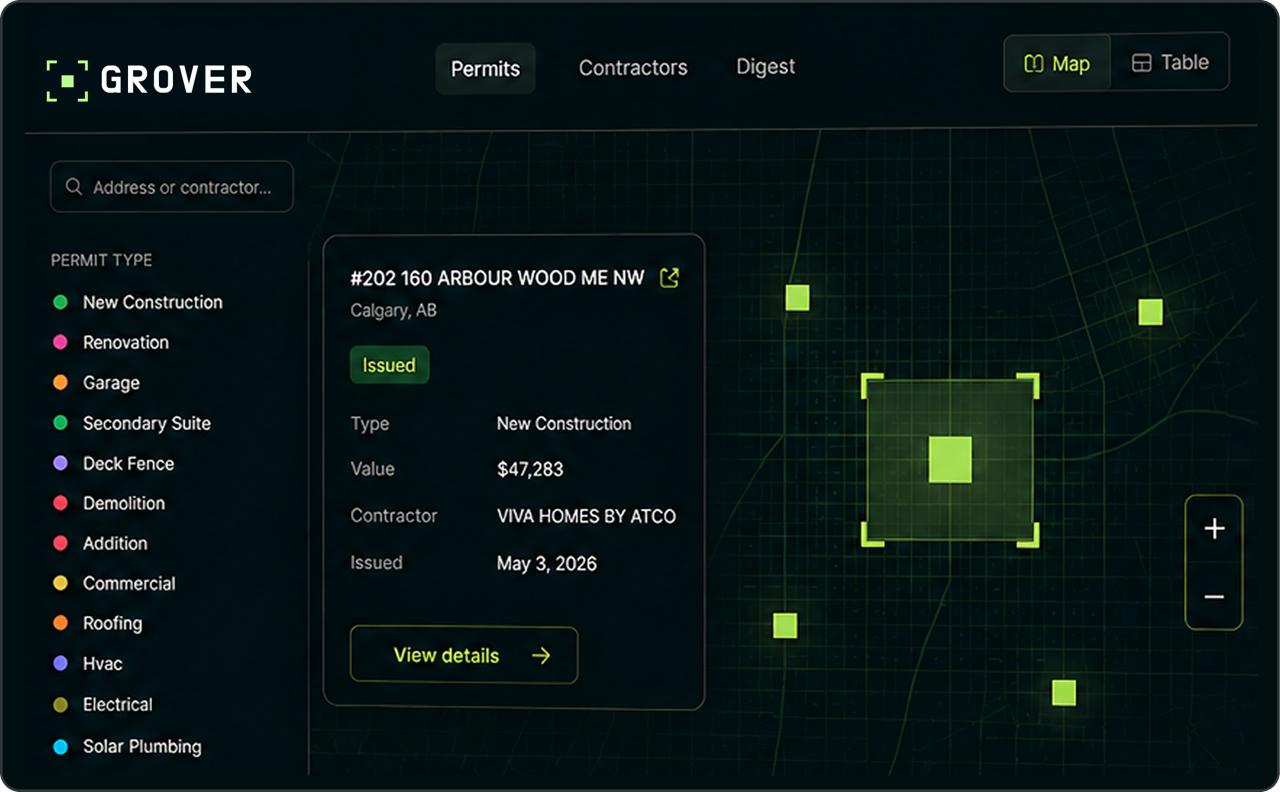 Grover app showing permit map and detail card